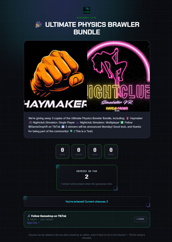TecnoCore standalone public giveaway page with countdown and entry tracking