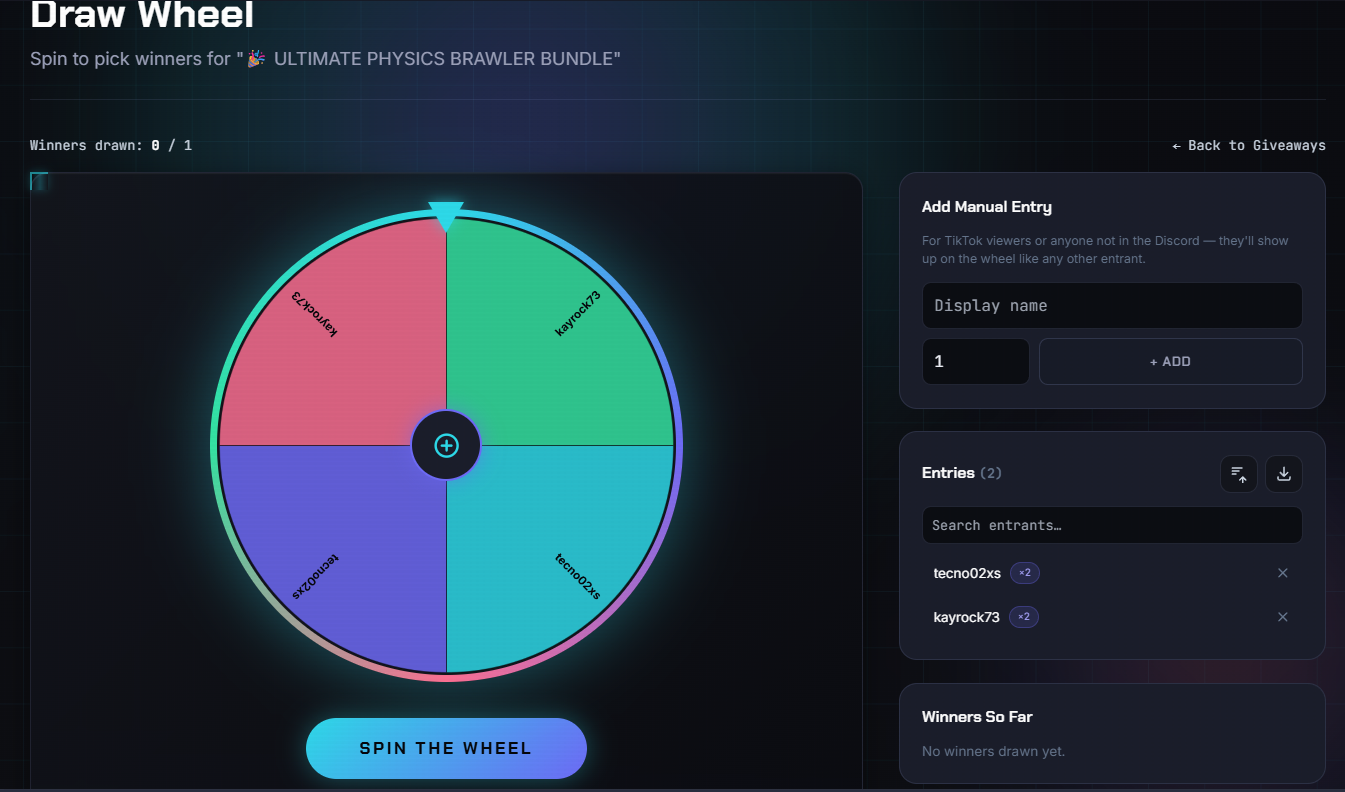 TecnoCore live giveaway draw wheel showing entrants and a spin button
